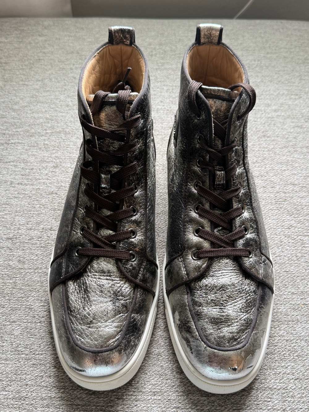 Christian Louboutin Men's Metallic Gunmetal High-Top Sneakers